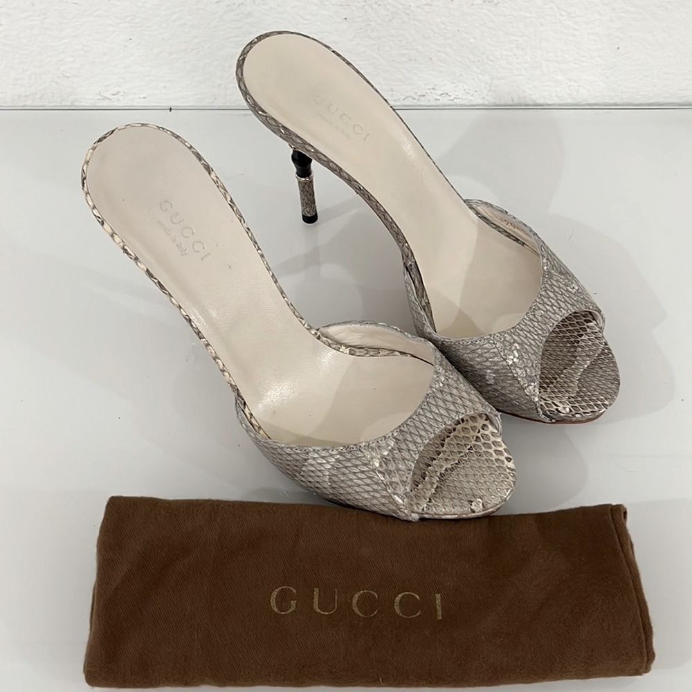 Gucci Light Cream/Black Python Bamboo Heel Sandal… - image 3